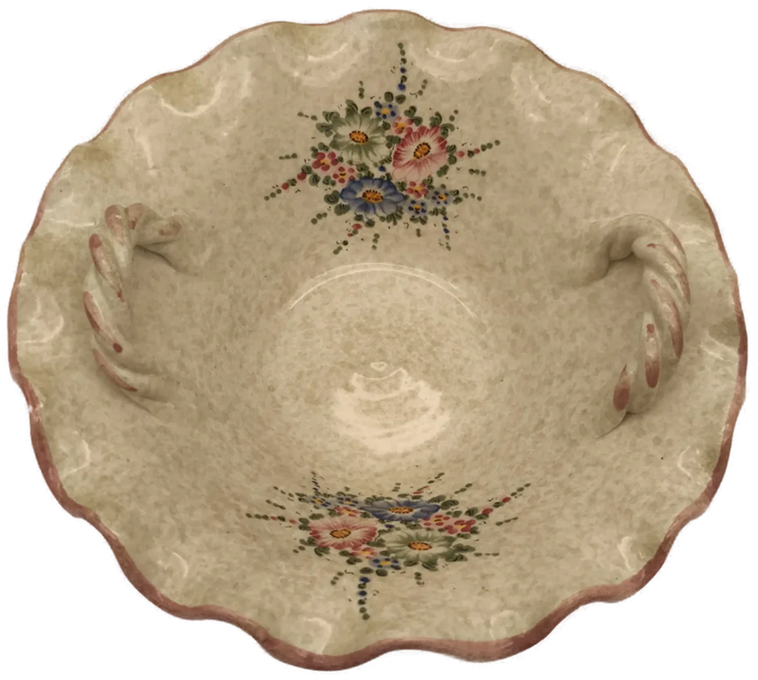 Dekorative Keramikschale mit Blumenmuster, geflochtene Griffe und gewelltem Rand, Ostern – Bild 2