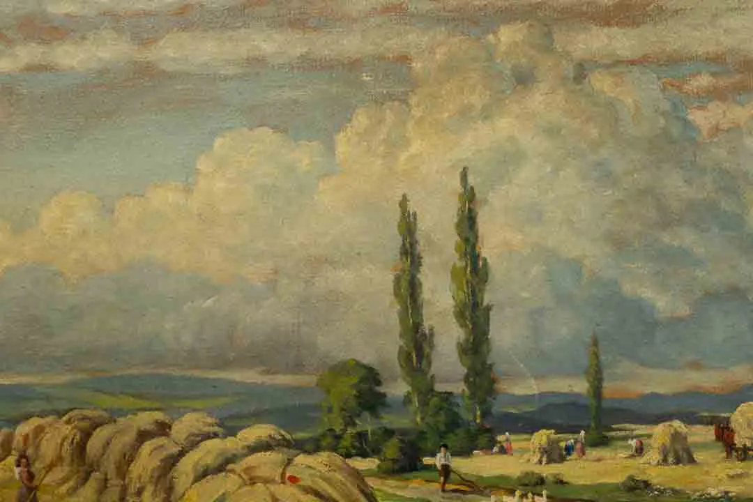 Vintage Bild Gemälde mit Geschichte Öl auf Leinwand Landschaft Bauern Feld Arbeit Heuballen Signiert 1948 – Bild 3