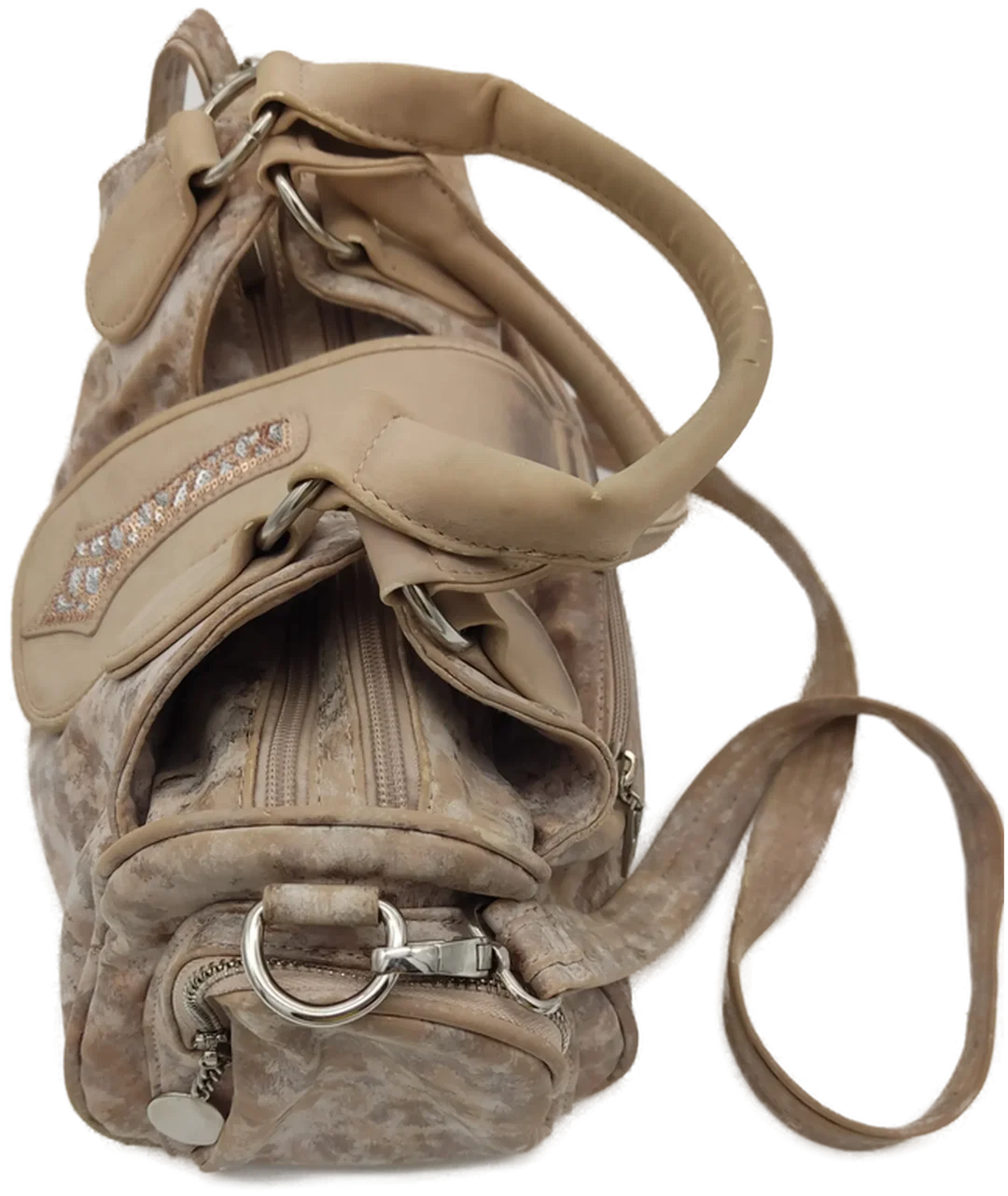 Tasche "Riecker", beige/hellbraun gemustert, mit Außentaschen, Griffen und Riemen, Größe ca. 38 x 19 x 16 cm – Bild 3