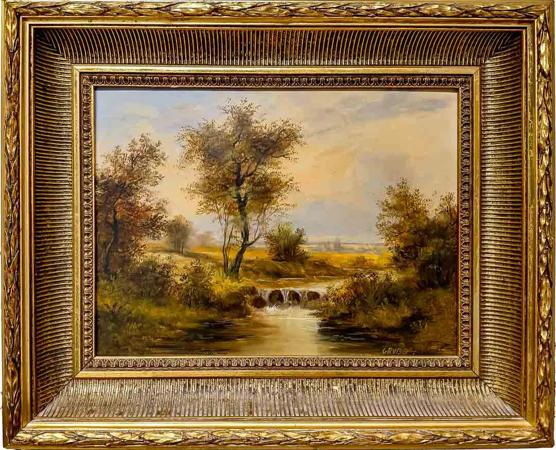 Antikes Ölgemälde Flusslandschaft, signiert Gruber, Prunkrahmen vergoldet, ca. 54x44cm – Bild 1