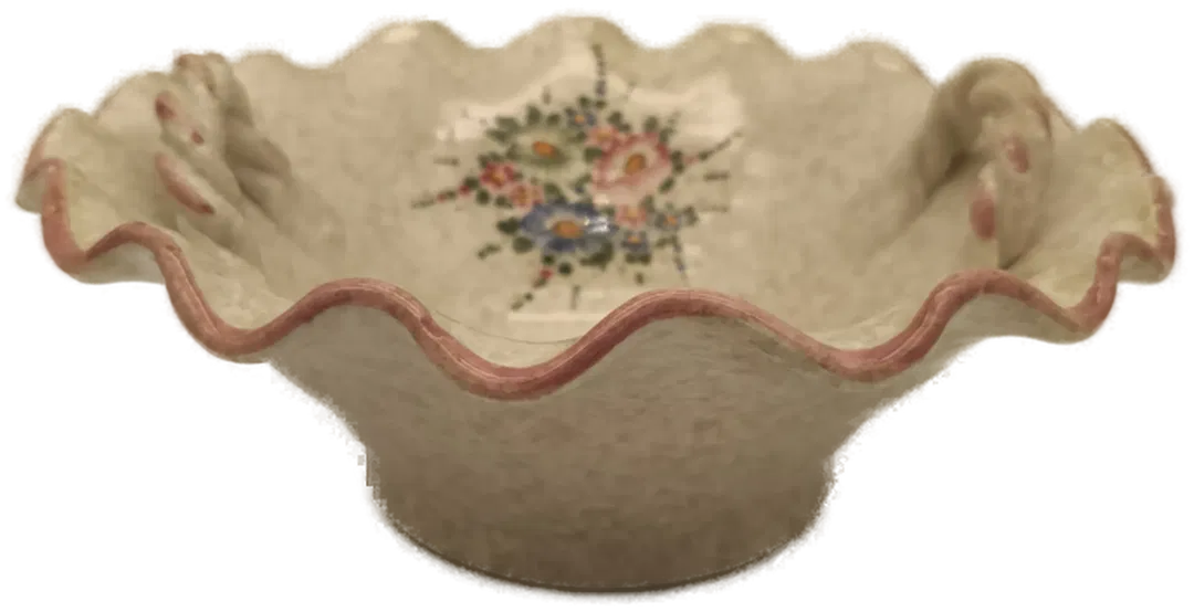 Dekorative Keramikschale mit Blumenmuster, geflochtene Griffe und gewelltem Rand - Bild 1