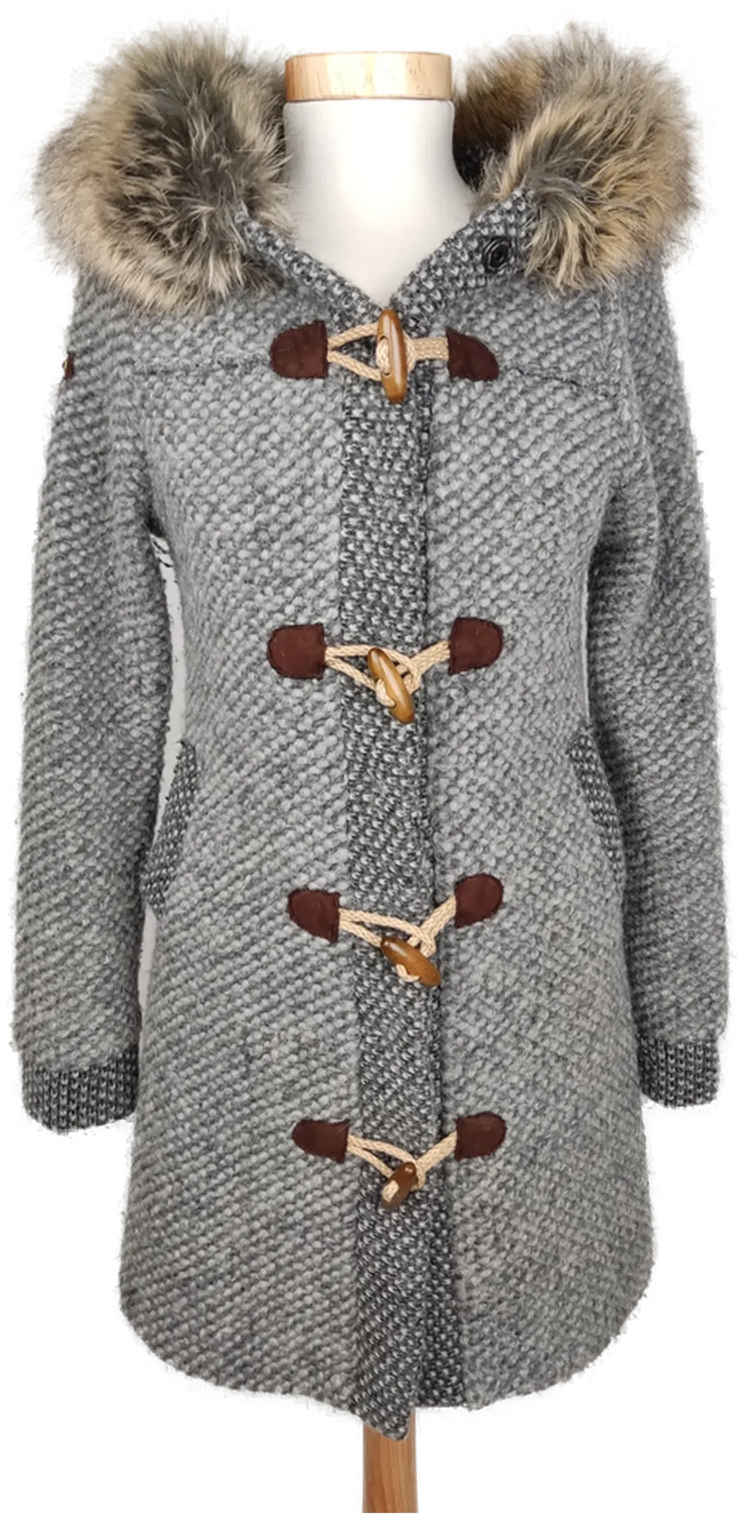 Fred Mello Damen Kapuzenstrickjacke mit Pelzkragen grau - M/38 - Bild 4