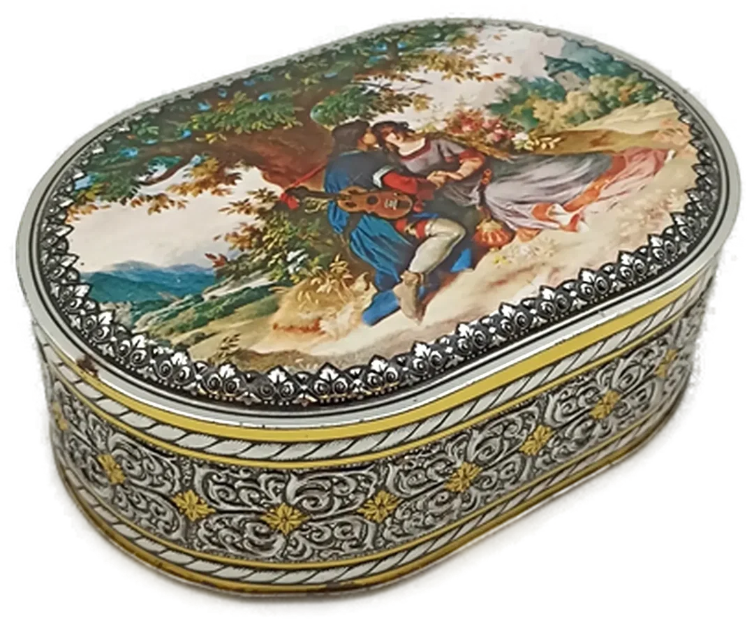 Vintage Hubertus Klieber Dose (Modell 290/2) – Oval mit romantischem Liebespaar – Bild 1