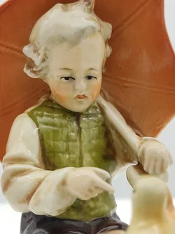 Deutsche Porzellanfigur Junge mit Regenschirm und Enten | Hummel-Stil – Vorschau 7