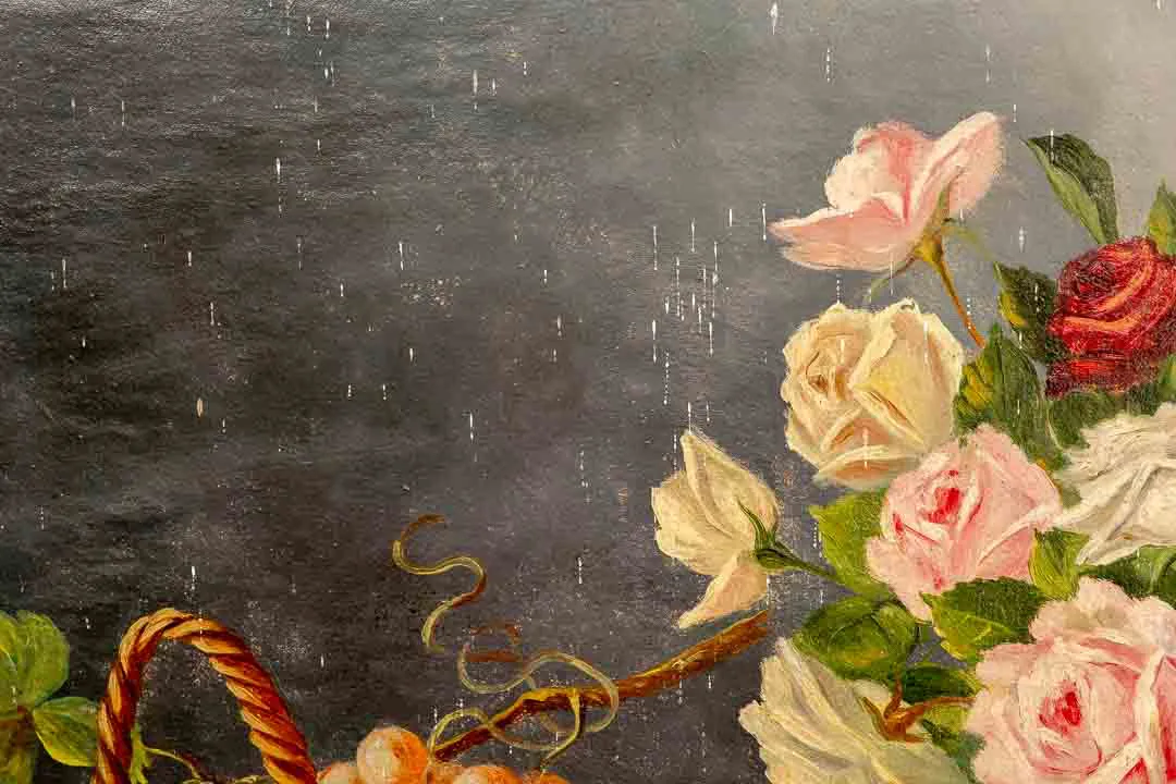 Vintage Bild Gemälde mit Geschichte Stillleben Obstkorb Blumen Vase Öl auf Leinwand A.Nemecek – Bild 3