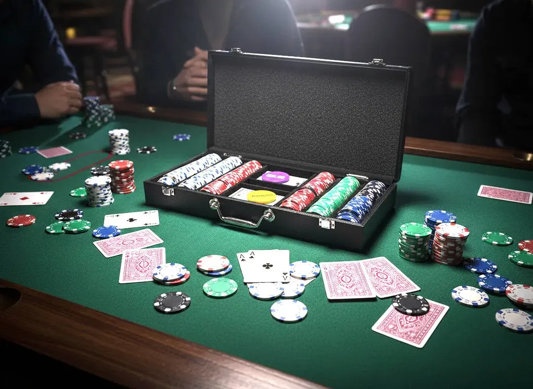 Poker-Set im Koffer — Pokerchips (mehrfarbig), 2 Kartendecks, Big/Small Blind-Marker - Bild 1