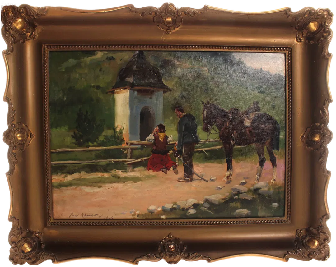 Signiertes Ölgemälde 1930 – Alpenländische Szene mit Bildstock, Pferd und Figuren - Bild 4