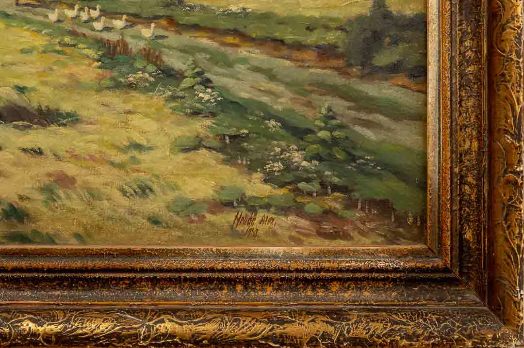 Vintage Bild Gemälde mit Geschichte Öl auf Leinwand Landschaft Bauern Feld Arbeit Heuballen Signiert 1948 – Bild 2