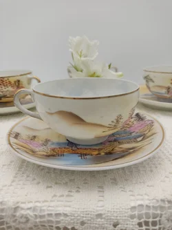 Japanische Teetasse mit Untertasse 4er-Set Porzellan Landschaftmotiv | Asiatische 'Kutani' Stil – Vorschau 4