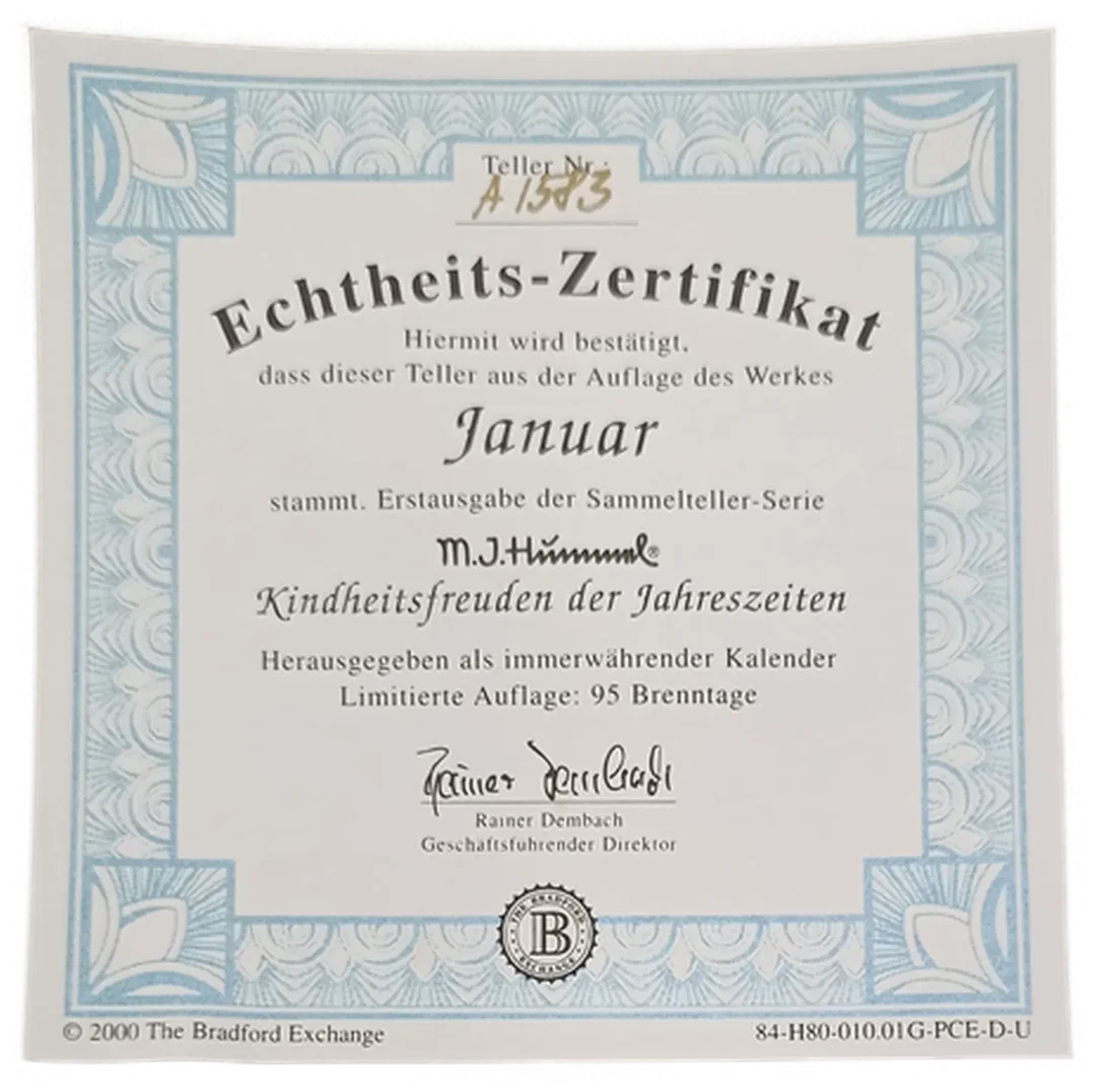 Sammelteller „Kindheitsfreuden der Jahreszeiten“ von M.I. Hummel - Januar (Teller A 1583) – Bild 3