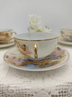 Japanische Teetasse mit Untertasse 4er-Set Porzellan Landschaftmotiv | Asiatische 'Kutani' Stil - Bild 6