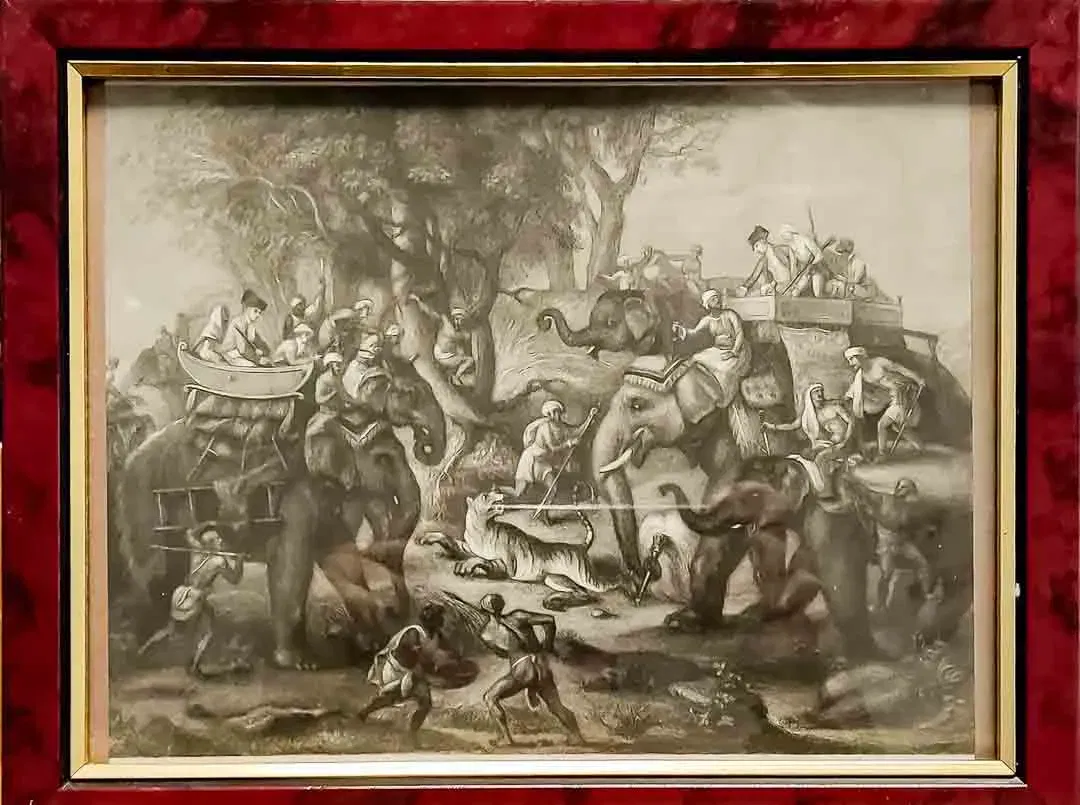 Original Stahlstich 1843 „Elefanten-Jagd auf Tiger“ im Rahmen 27x21 cm - Bild 4