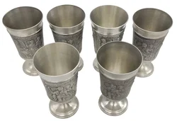 Zinnkelche - 6er Set - BMF (Bayerische Metallwarenfabrik), Rein Zinn 95 %, Reliefdekor - Bild 2
