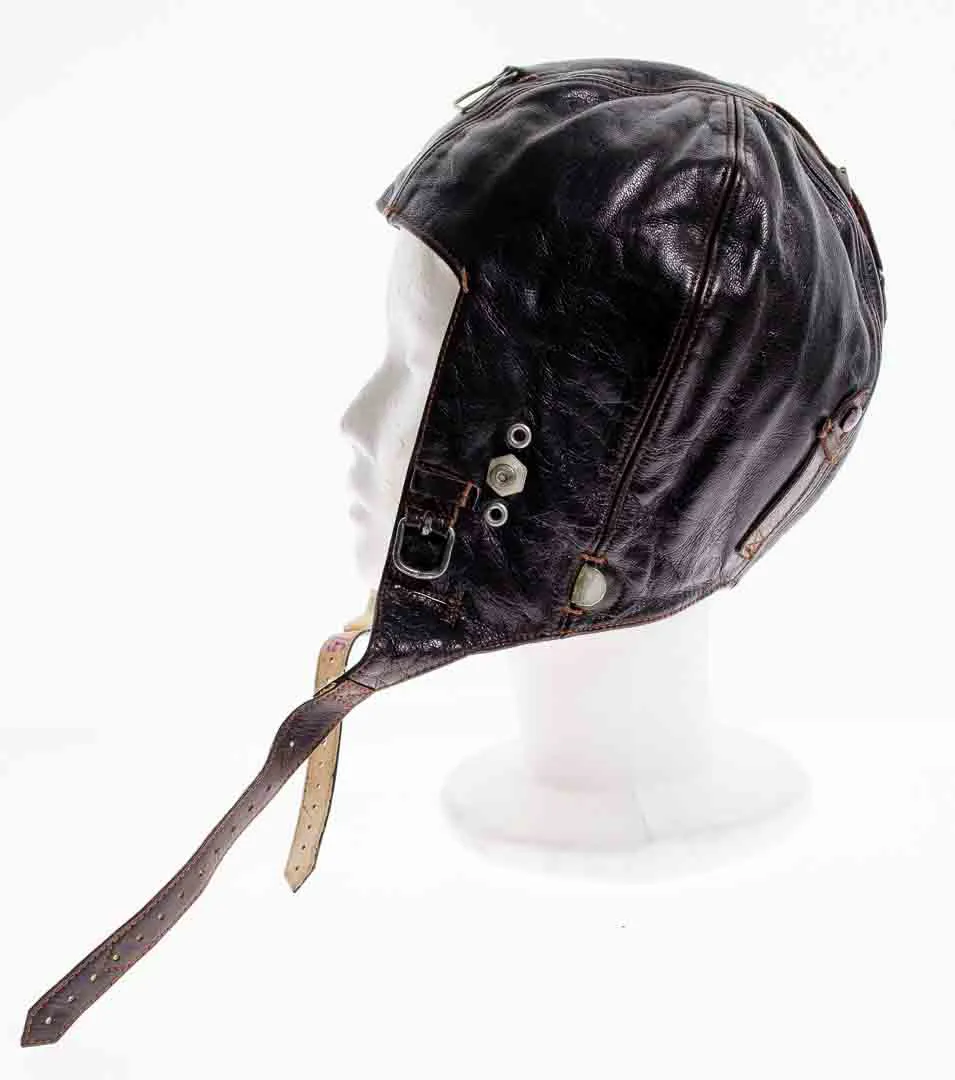 Pilotenmütze Antike Oldtimer Fliegerhaube aus Leder und Wolle in dunkelbraun – Bild 4