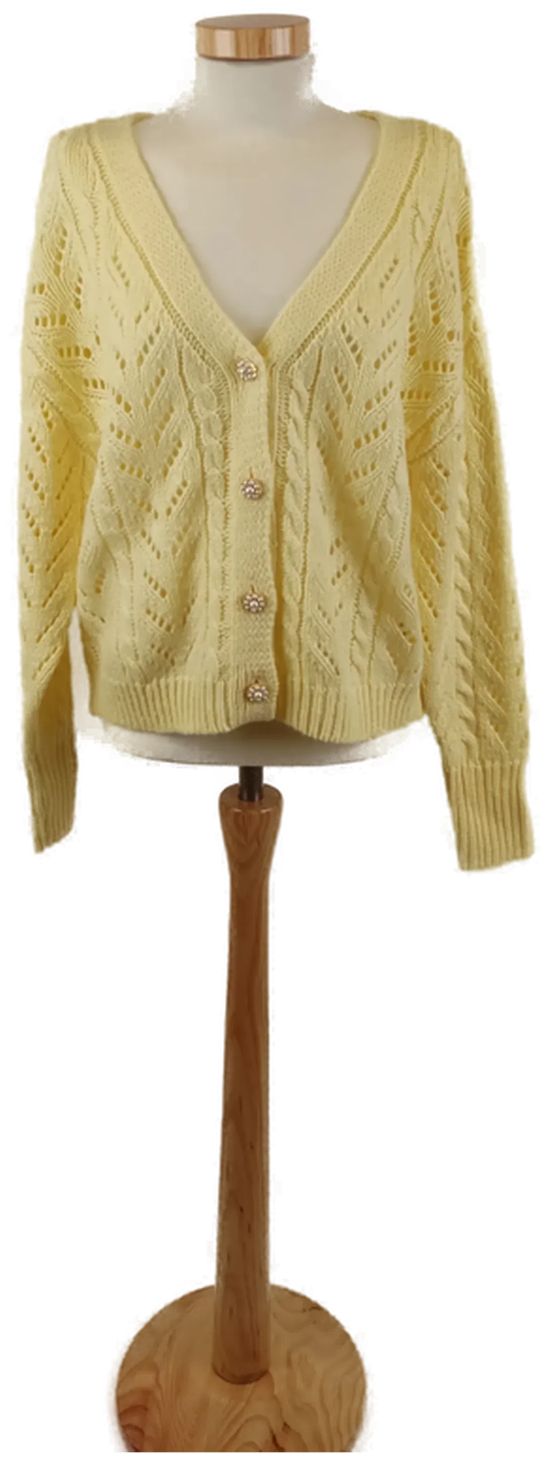 AMISU Damen Strickweste, Langarm, Ajourmuster mit Perlknöpfen, Hellgelb, Gr. S - Bild 1
