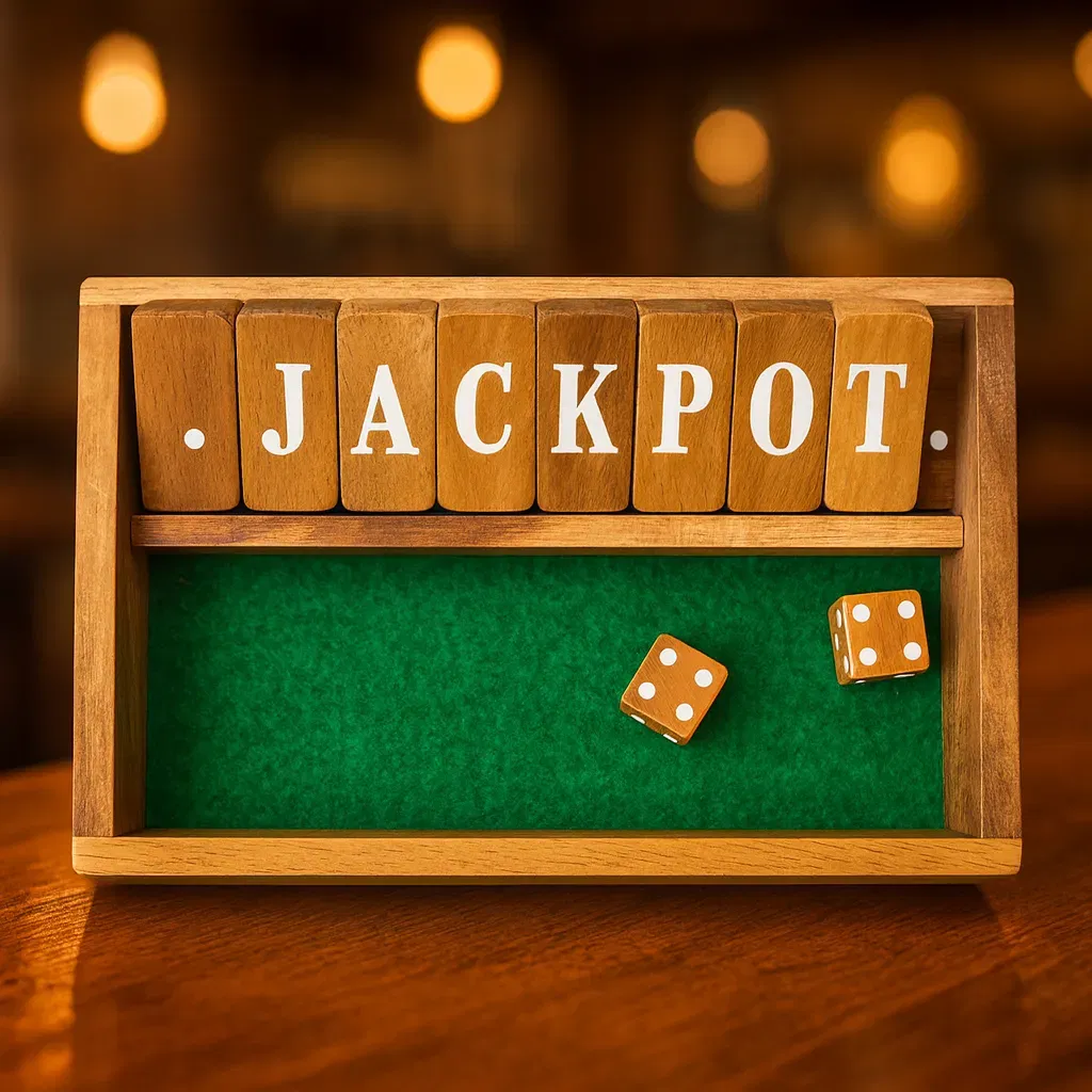 Holz-Würfelspiel „Shut the Box / JACKPOT“, Klappsteine 1–9 und Buchstaben, Filzeinlage, inkl. 2 Holzwürfeln - Bild 1
