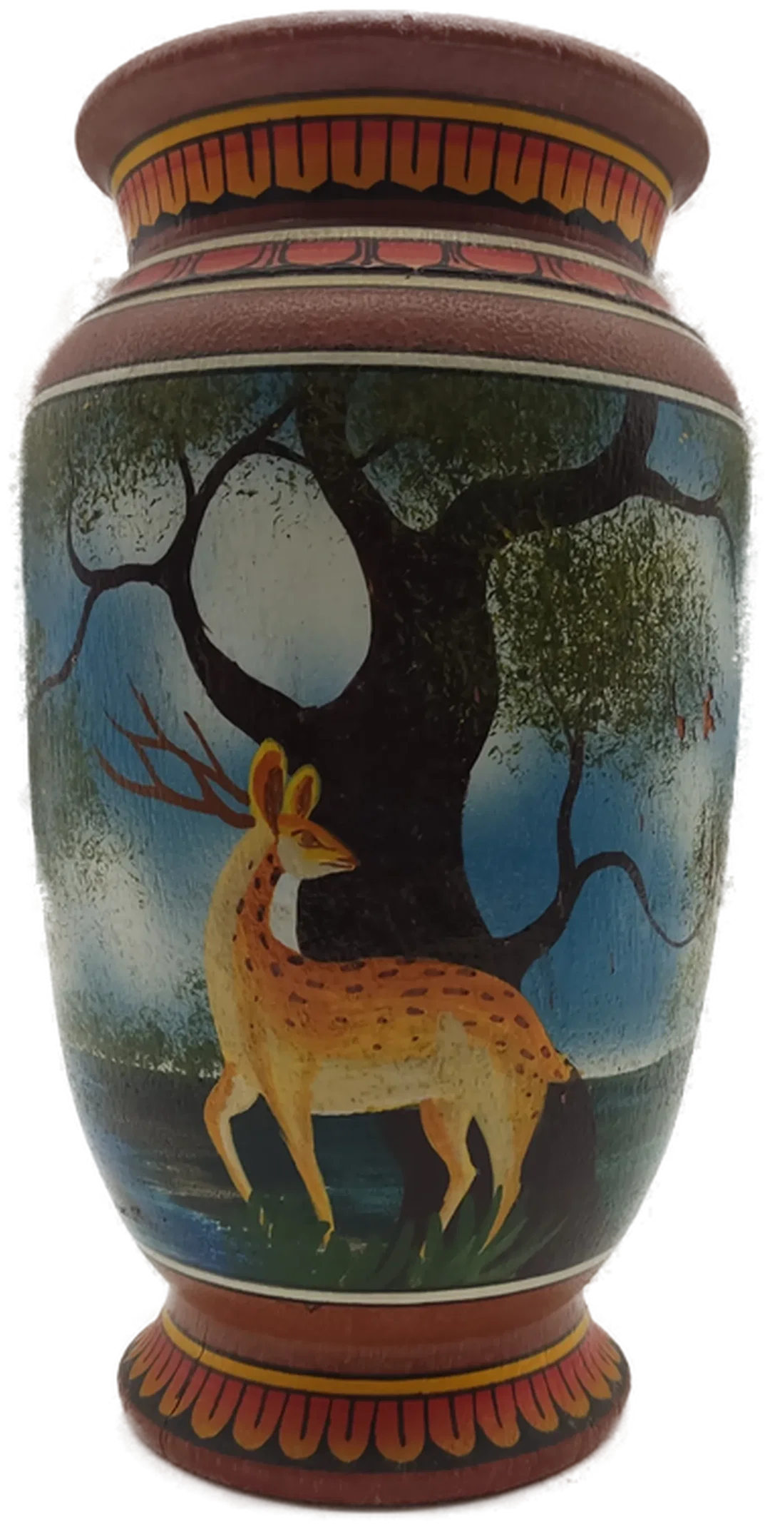 Dekorative Vase aus Terrakotta oder Ton, die im Stil eines Kunsthandwerks bemalt ist.  – Bild 2