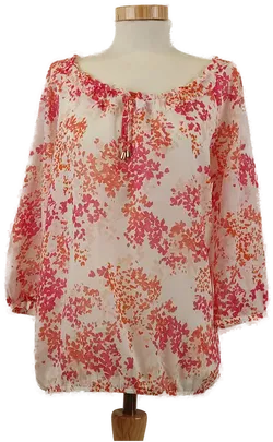 Weiße Damen Bluse mit gerafftem Ausschnitt, Ärmelriegel, orange geblümt, Gr. M - Bild 1