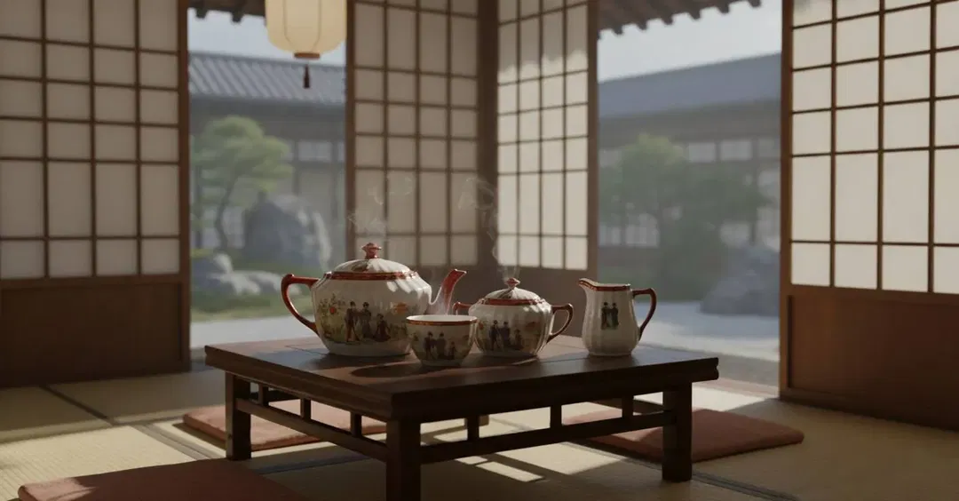 Japanisches Porzellan-Teeset mit Geisha-Dekor – 4-teilig, handbemalt, rot-gold - Bild 4