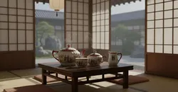 Japanisches Porzellan-Teeset mit Geisha-Dekor – 4-teilig, handbemalt, rot-gold - Bild 1