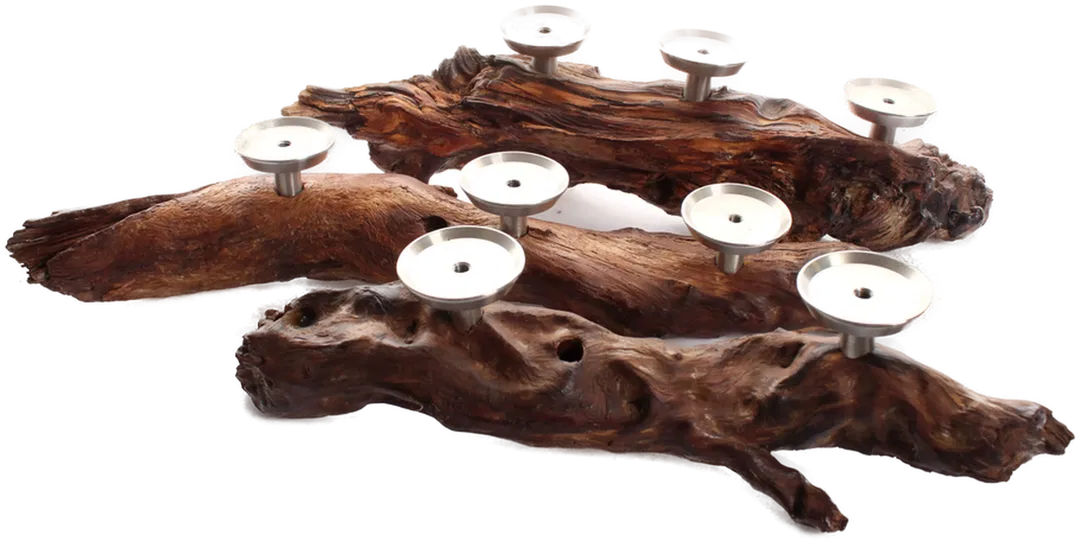 Teelichthalter aus Wurzelholz – 3-teiliges Set – Naturholz mit Metallhaltern – 40–51 cm - Bild 1