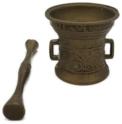 Antiker Mörser mit Stößel aus Messing, dekorativ & funktional, Mörser:  Höhe: ca. 7 cm  Breite (oben): ca. 8,5 cm - Bild 2