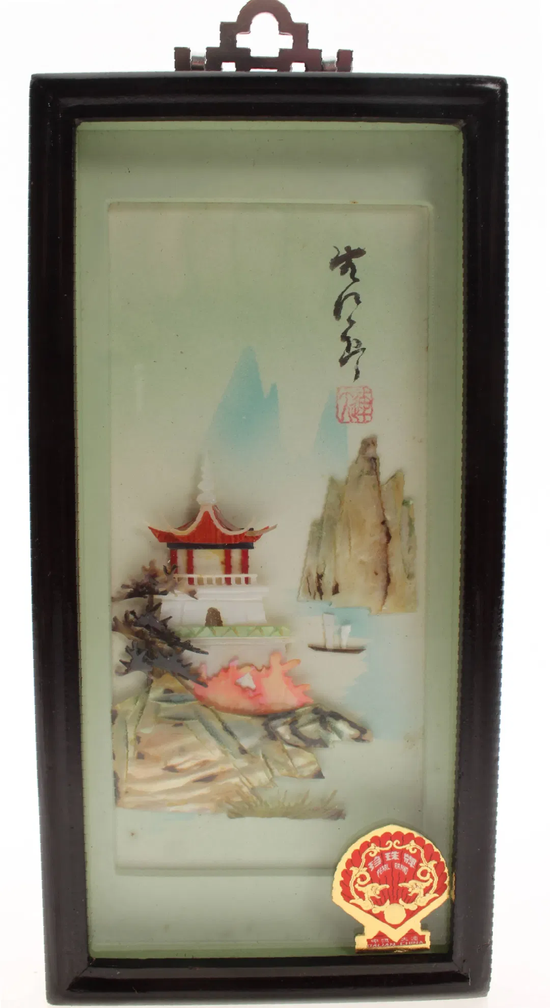 Chinesisches 3D-Reliefbild im Holzrahmen – Perlmutt Intarsien – Tempelmotiv – mit Originalverpackung - Bild 4