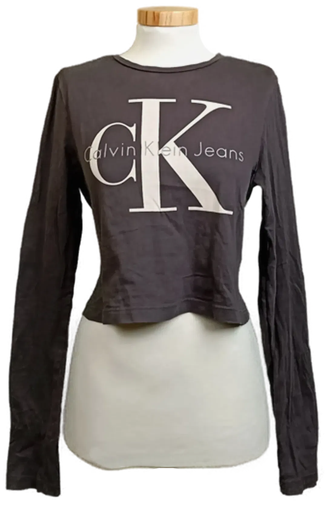 Calvin Klein Jeans Langarm Damen Crop‑Shirt grau mit Logo Gr. M - Bild 1