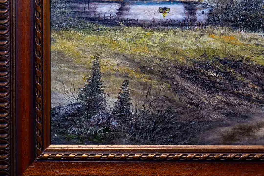 Bild Öl auf Leinwand, Bauernhof mit Gebirge, signiert – Bild 2