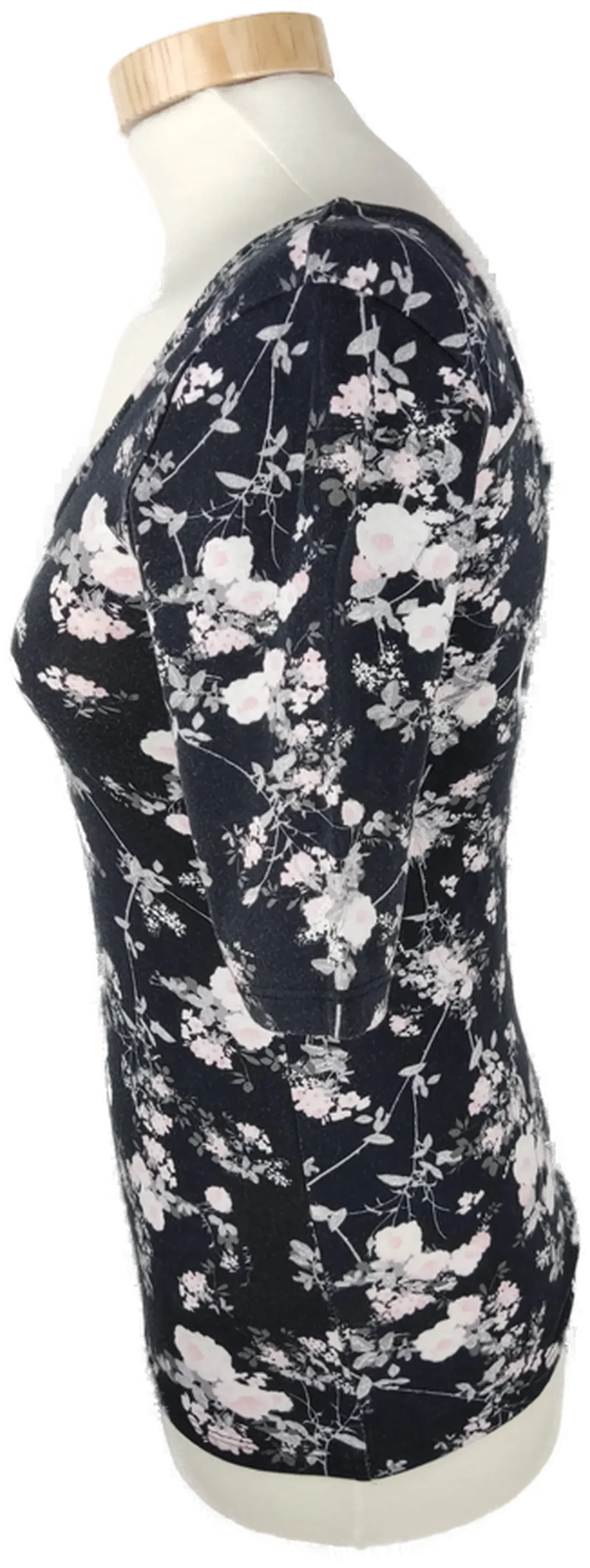 T-Shirt "Tally Weijl", dreiviertelarm mit Rundhalsausschnitt, schwarz mit rose/weiß/grauen Blüten, Größe XS – Bild 2