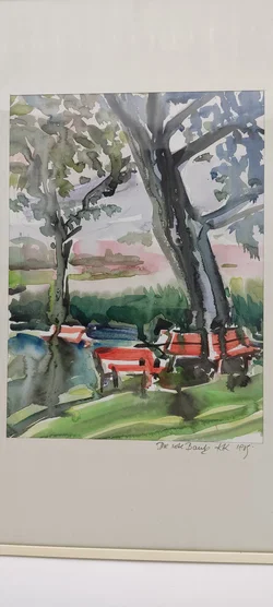 Gerahmtes Aquarell Bild 'Die Rote Bank' -1915 | Vintage-Schatz – Vorschau 4
