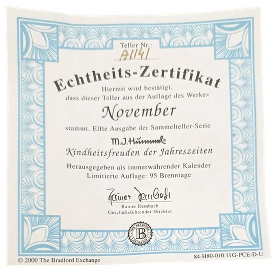 Sammelteller „Kindheitsfreuden der Jahreszeiten“ von M.I. Hummel - November (Teller A 1141) – Bild 3