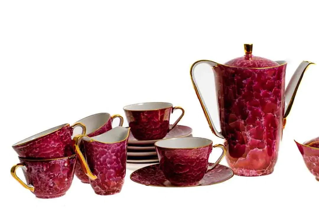 Eigl Porzellan Kaffeeservice lila marmoriert mit Goldrand - Bild 1