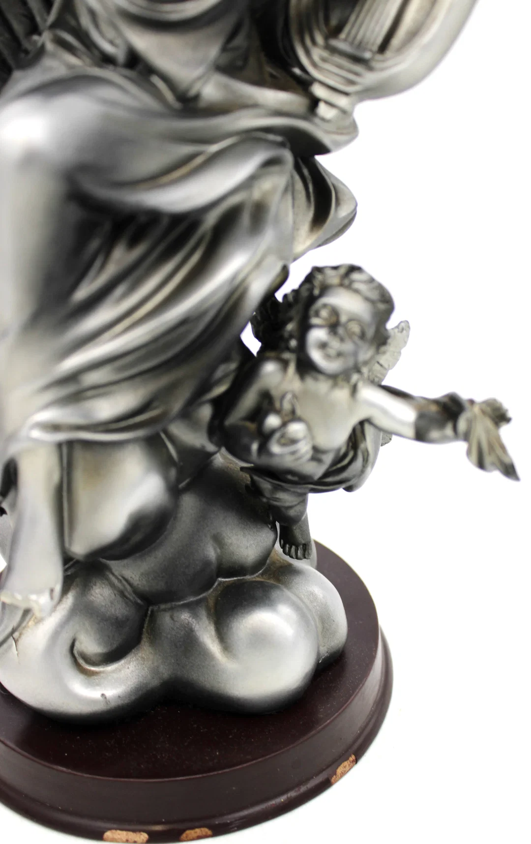 Engel Figur mit Lyra und Putto – Hartplastik Skulptur auf Holzsockel, ca. 33 cm – Bild 3