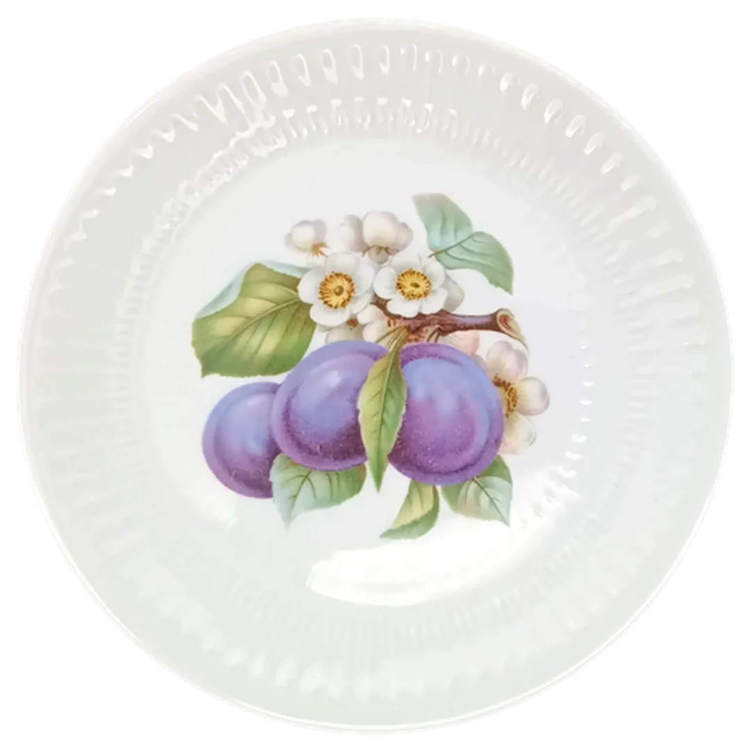 Vintage Hutschenreuther Selb - strukturierte Porzellan-Kuchenplatte mit 6 Gebäcktellern (Serie Apart / Obst-Serie) – Bild 5