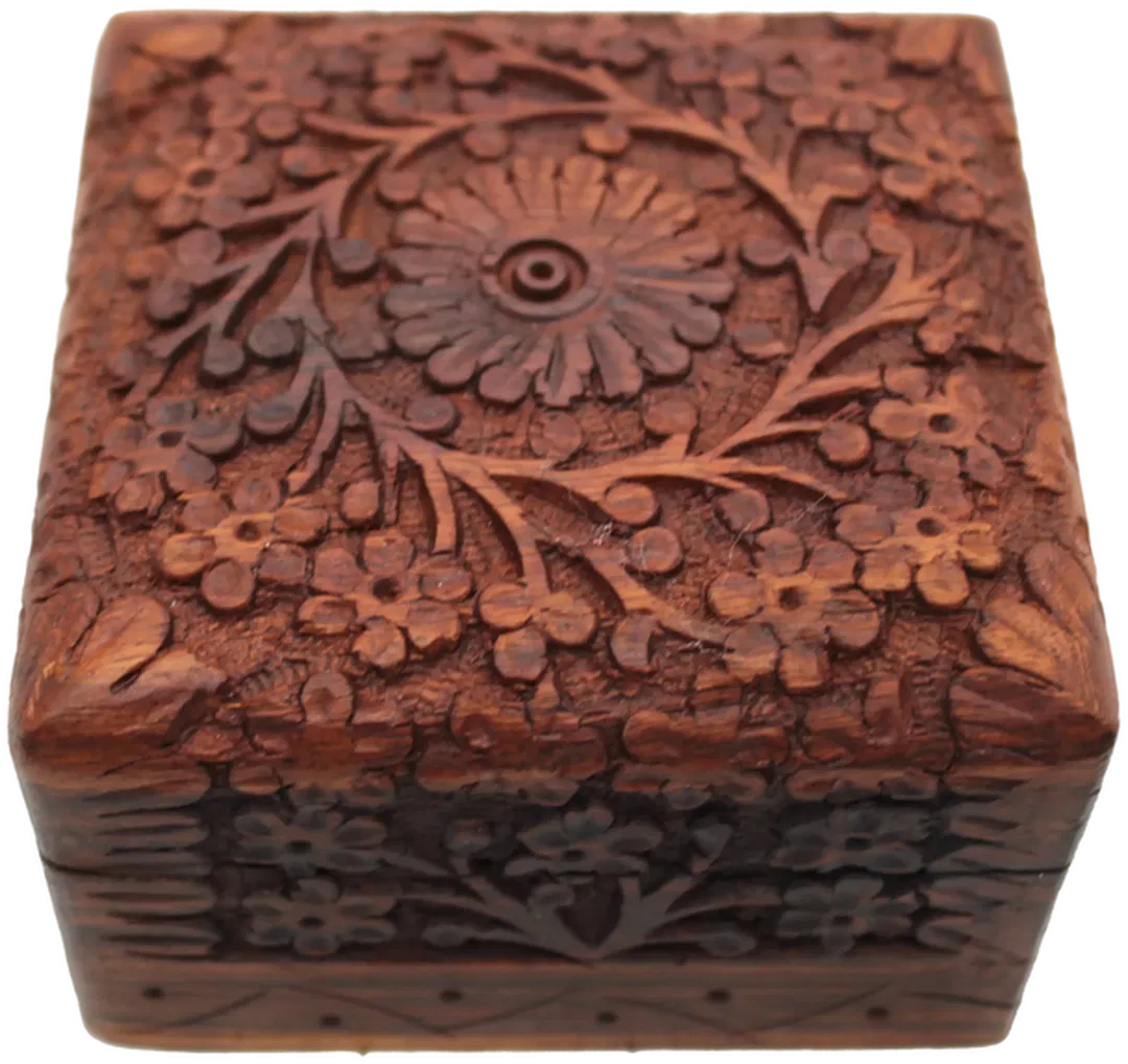 Kleine Holz-Schatulle, handgeschnitzt, ca. 10 × 10 × 6 cm, violett gefüttert, Messingscharniere - Bild 4