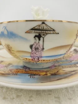 Japanische Teetasse mit Untertasse 4er-Set Porzellan Landschaftmotiv | Asiatische 'Kutani' Stil - Bild 9