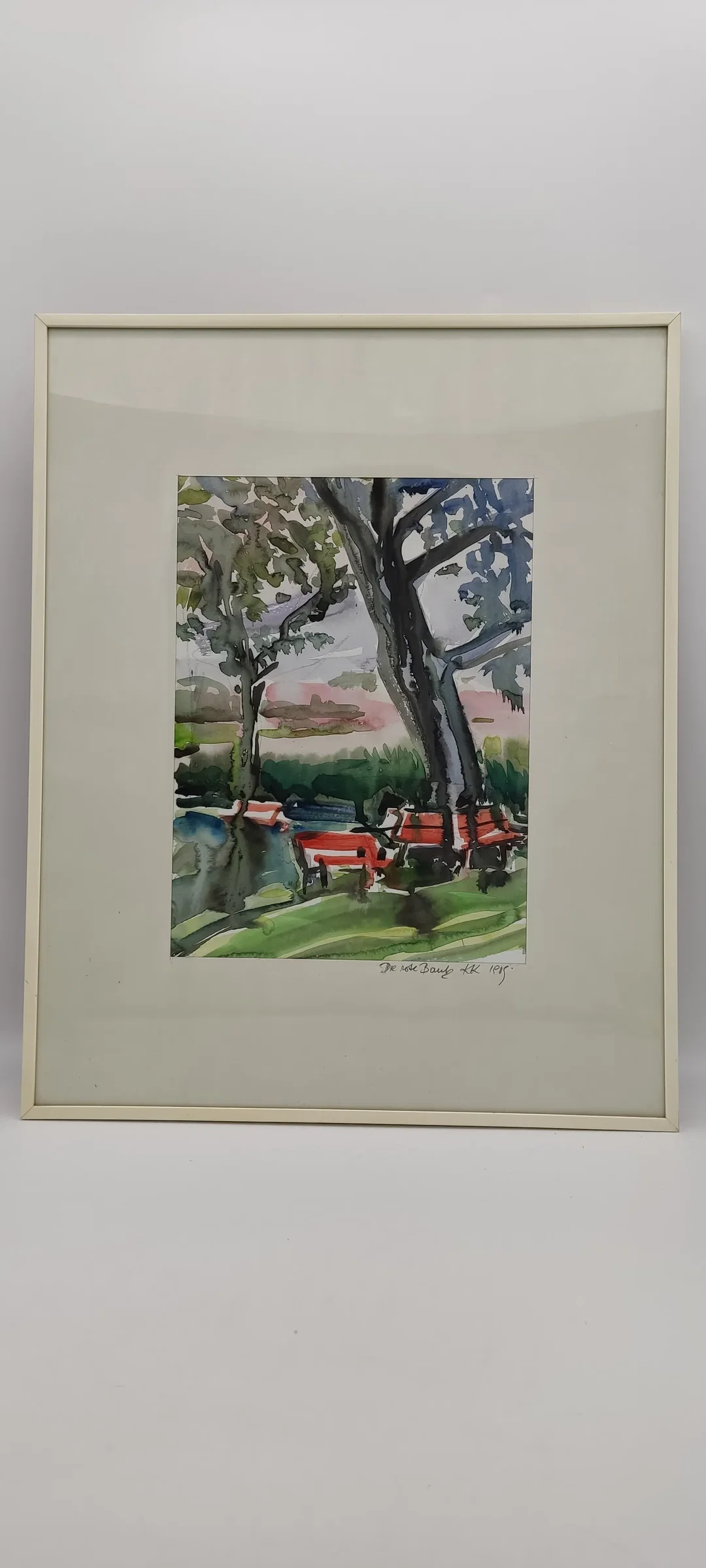 Gerahmtes Aquarell Bild 'Die Rote Bank' -1915 | Vintage-Schatz – Bild 2