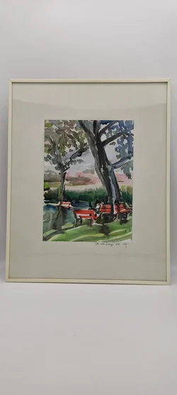Gerahmtes Aquarell Bild 'Die Rote Bank' -1915 | Vintage-Schatz - Bild 2