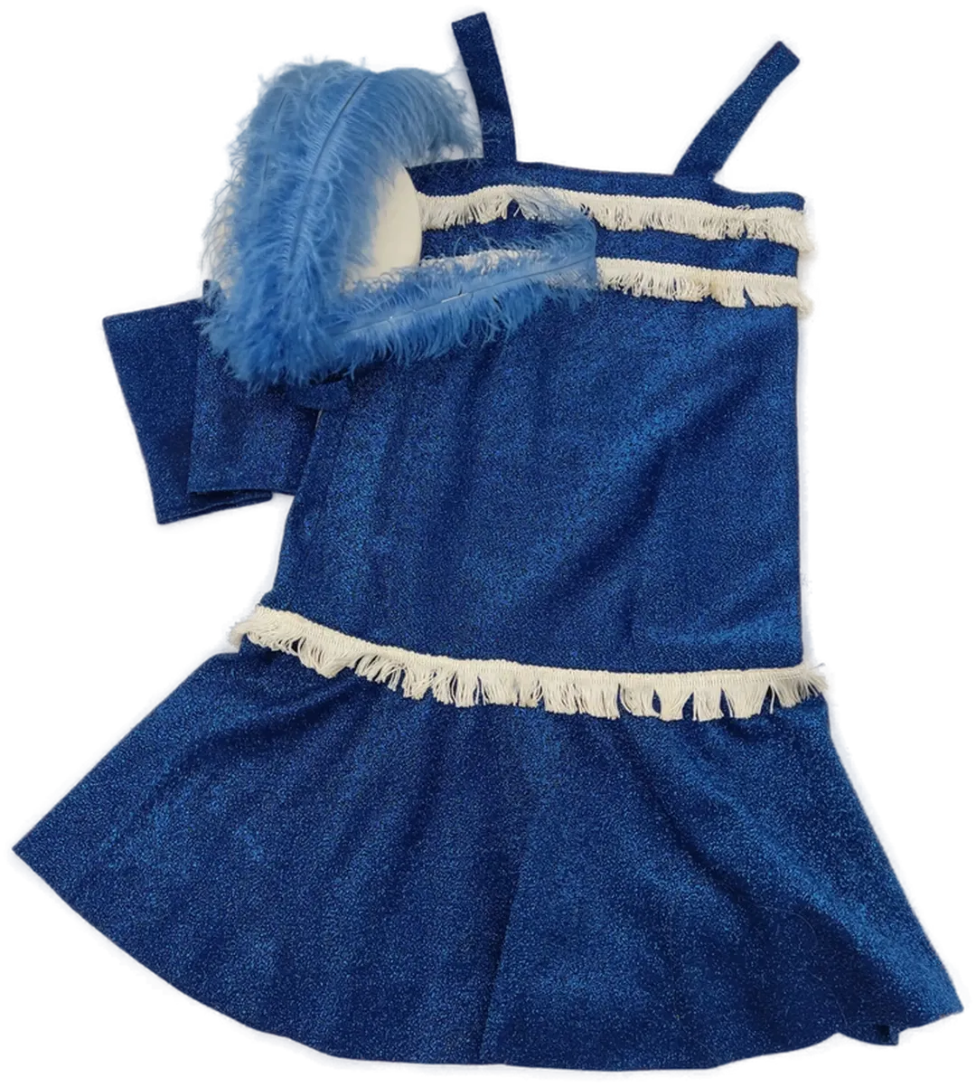 Fasching Kinder Tanzkleid blau, mit Fransen, Set (Kleid, Hut, Handschuhe) - Bild 1