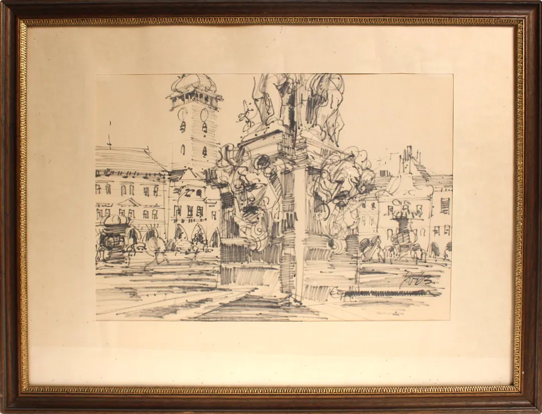 Bild Gerahmte Architekturzeichnung – Stadtansicht mit Brunnen und Figuren, signiert „W.B.“ - Bild 1