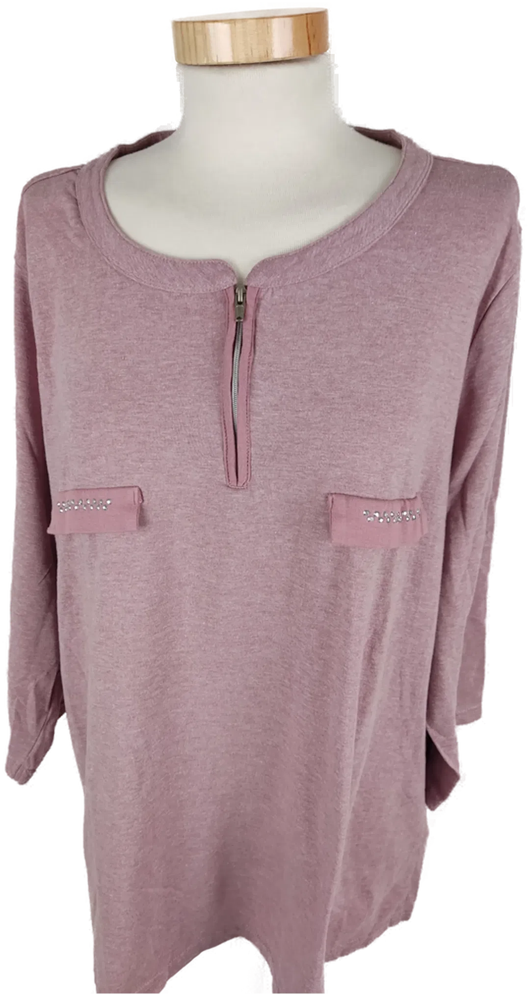 T-Shirt, dreiviertelarm mit Rundhalsausschnitt und Zipp, altrosa meliert, Größe 48 - Bild 1