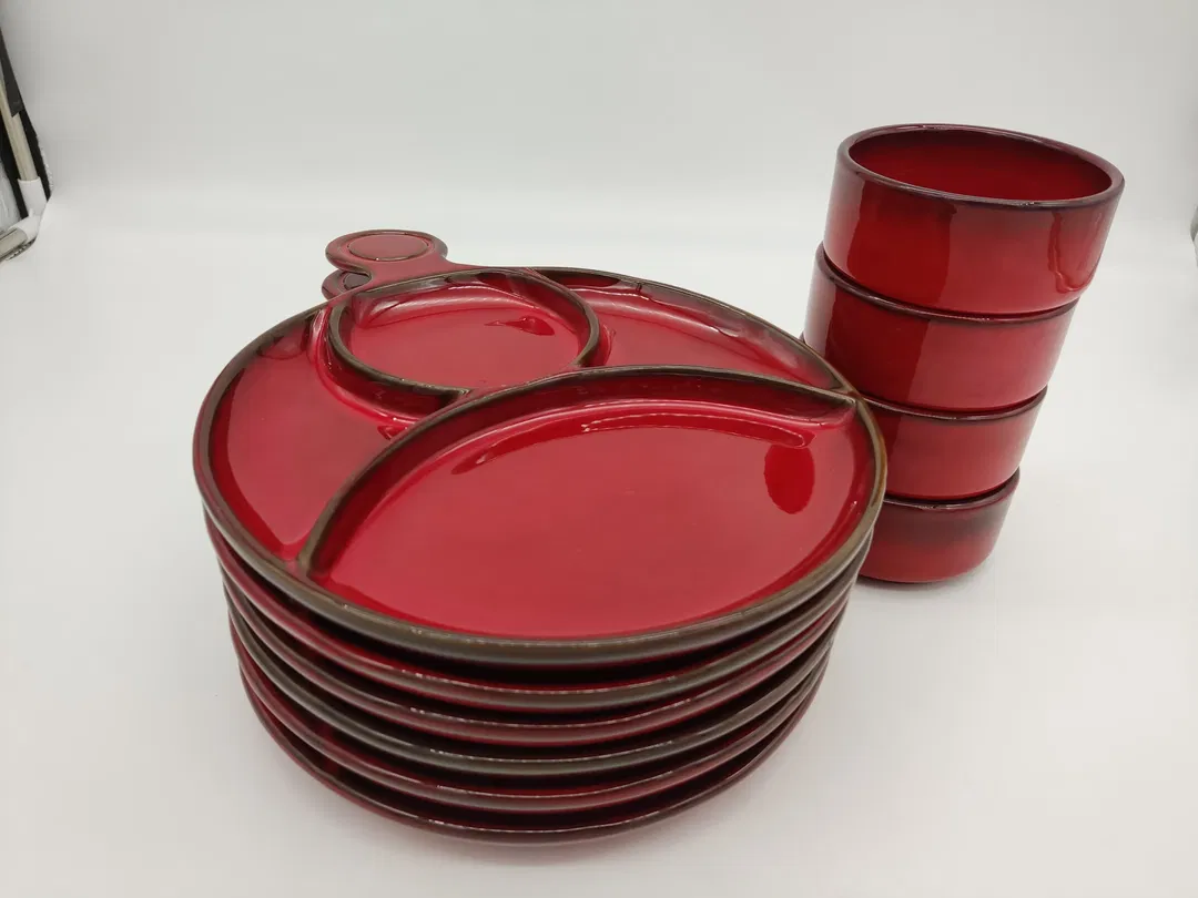 Vintage-Grillteller / Fondue-Geschirr - rot - Bild 4