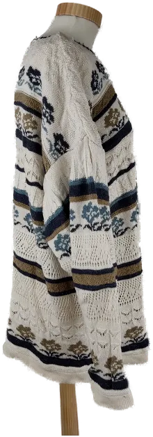 Pullover langarm mit Rundhalsausschnitt, gestrickt mit verschiedenen Mustern, beige/blau/braun, Größe XL (geschätzt) - Bild 2