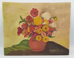 Gemälde eines Blumenstraußes von Weis Walter - 1955 / auf Holz - Bild 1