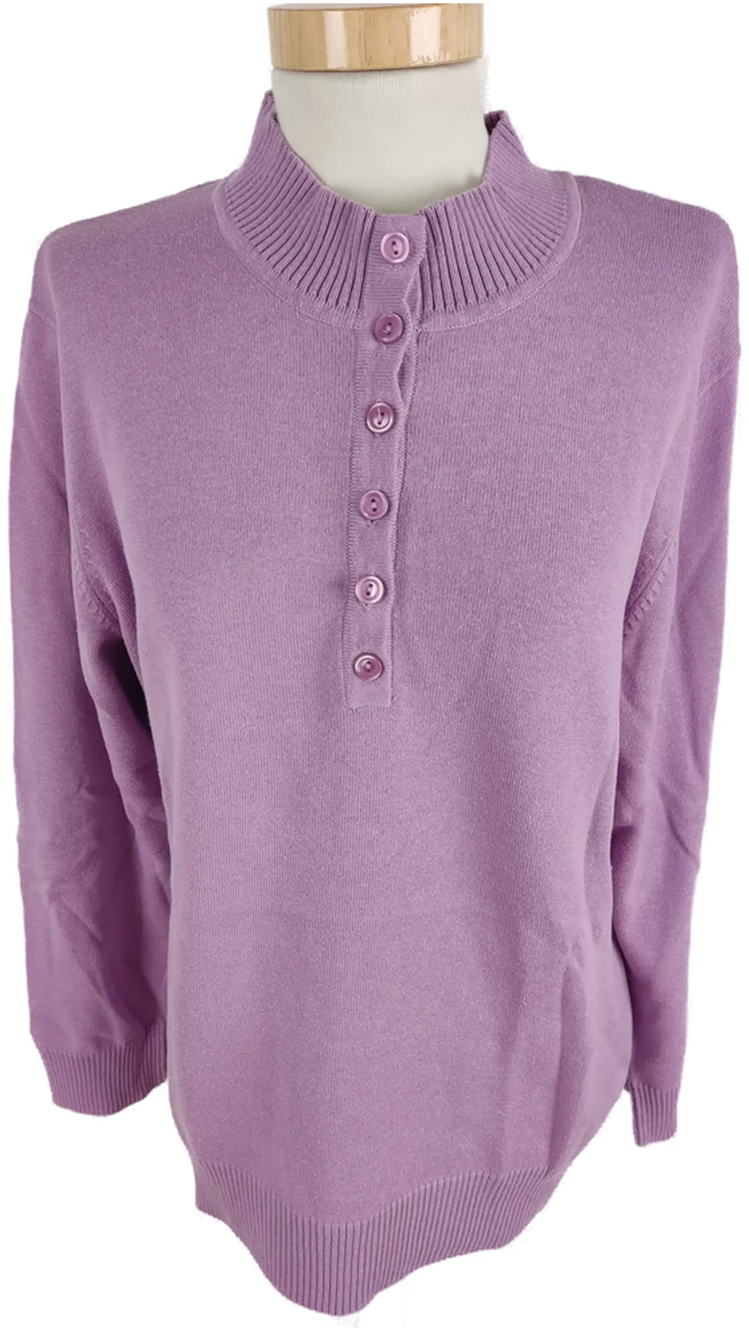 Pullover "Fair Lady", langarm mit Stehkragen, lila mit Knopfleiste, Größe 44 – Bild 1