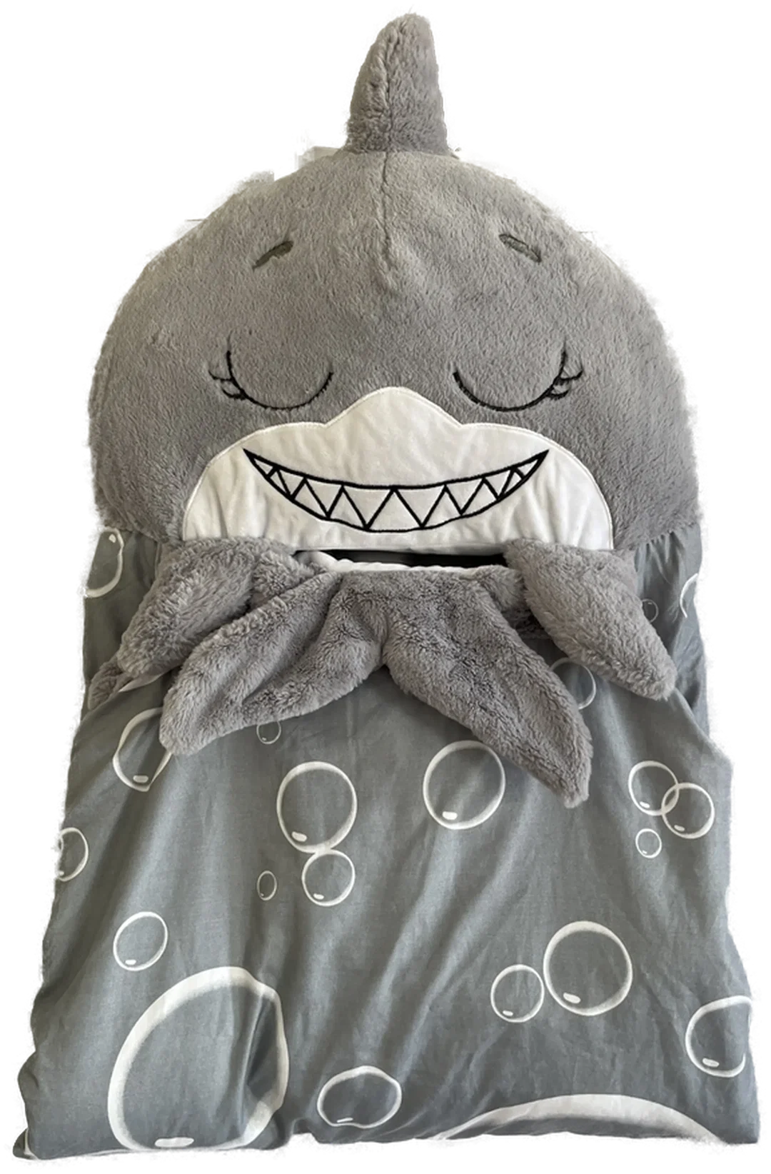 Happy Nappers Hai- flauschiger Kinderschlafsack und Kissen (2 in 1) grau | Large 6-12 Jahre  – Bild 3