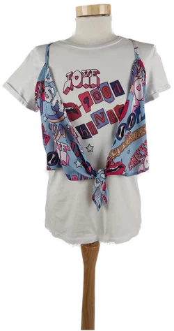 Weißes Damen T-Shirt Kurzarm mit eingenähtem buntem Bolero, Gr. M - Bild 1