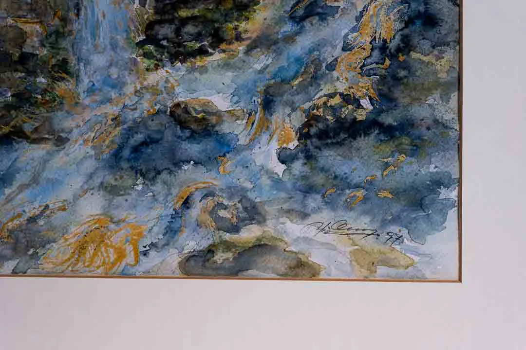 Aquarell alte Mühle mit Fluß, Naturlandschaftsbild mit Passepartout und dunkelgrünem Rahmen – Bild 2