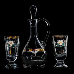 Karaffe mit 2 Gläser, Kristall, bemalt, Goldrand - Bild 2